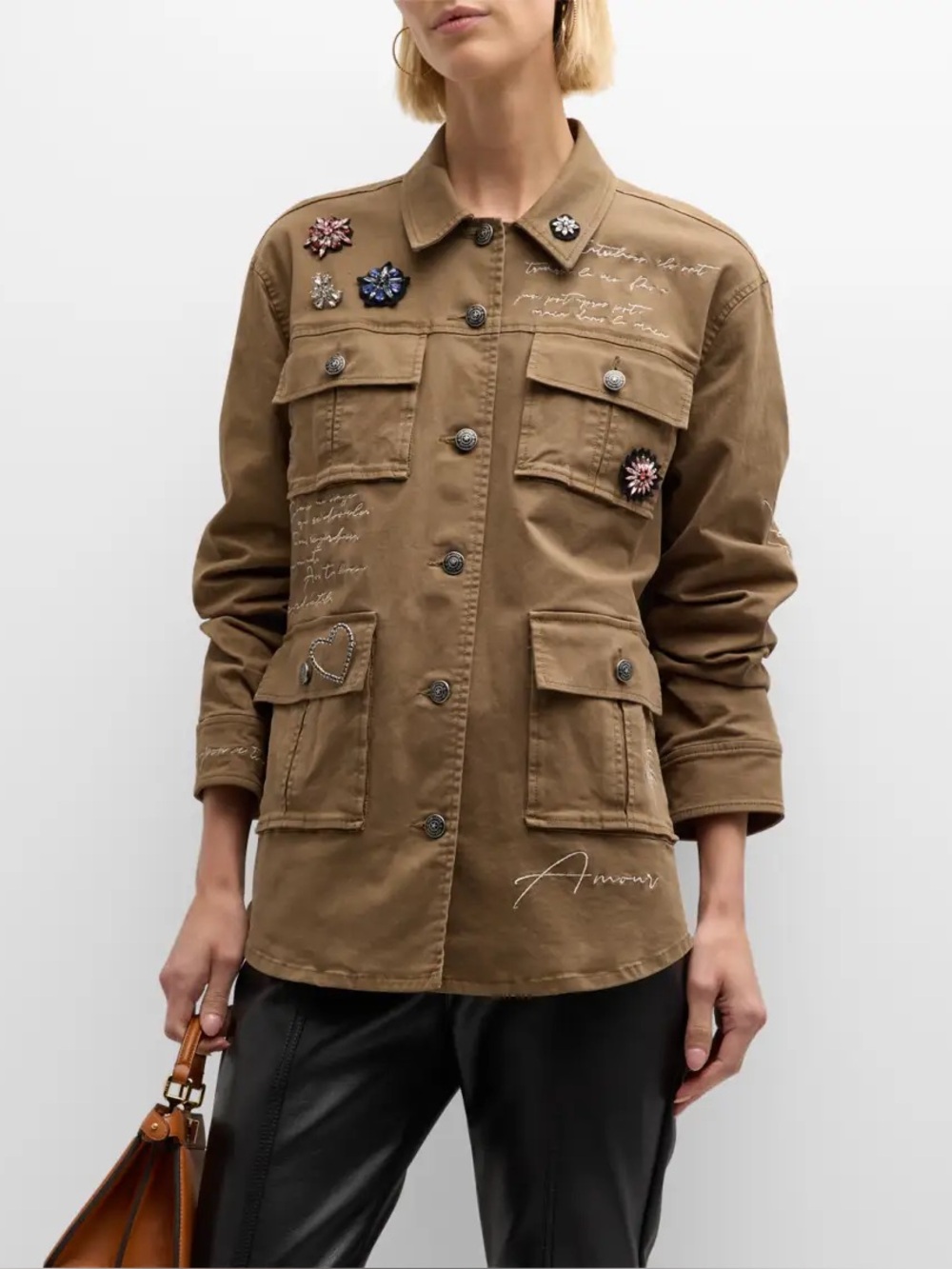 Cinq A Sept Vera Love Letter Embellished Military Twill Jacket in Green Olive